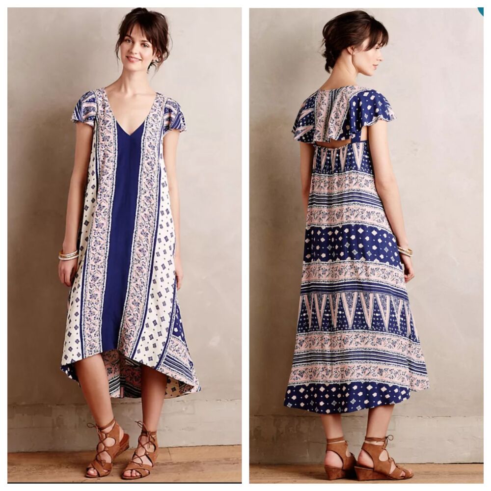Anthropologie Maeve patchwork vneck open back hi-lo midi dress girly feminine S